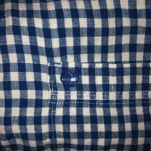 Timberland Mens Shirt Large Premium 100% Linen Blue Gingham Check Short Sleeve - Picture 2 of 5